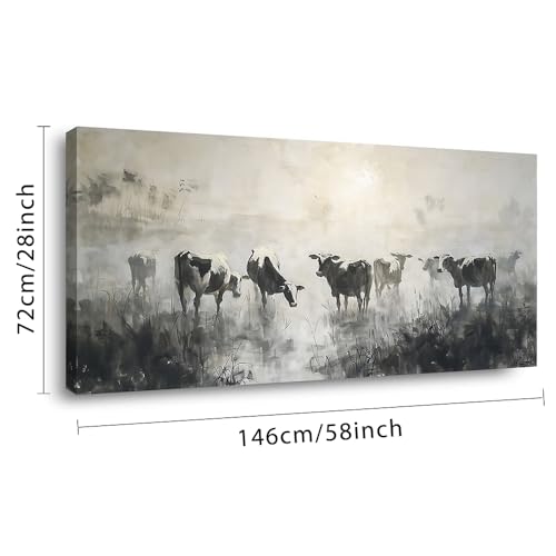 Black and White Cow Wall Art for Living Room Ink Wash Canvas Painting Prints Morning Cattle Vintage Country Farmhouse Artwork Bedroom Office Decor