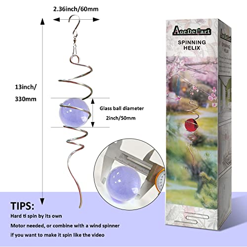Gazing Ball Spiral Decorative Wind Spinner Tail Sun Catcher 11inch Tail and 2 inch Glass Orb.Wind Spinner Stabilizer Indoor Outdoor Garden Decoration