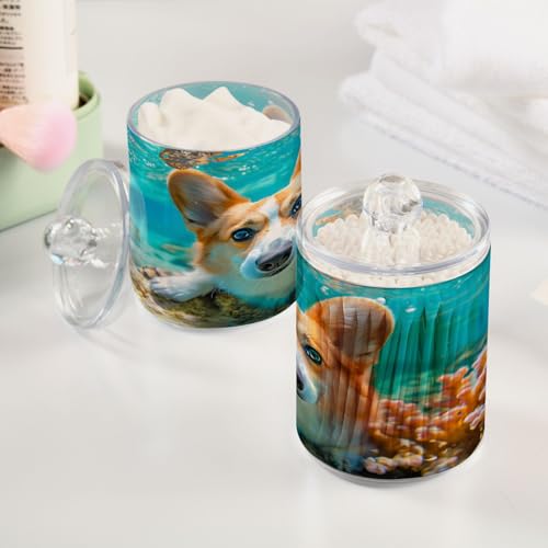 2 Pack Qtip Holder Organizer Dispenser Corgi Dog Underwater Bathroom Storage Canister Cotton Ball Holder Container for Cotton Pads (2 Count)