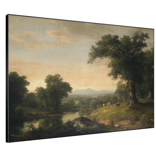 36"x46" Extra Large Framed Wall Art Classic River Valley Landscape Vintage Style Countryside Illustration for Home Living Room Bedroom Decor