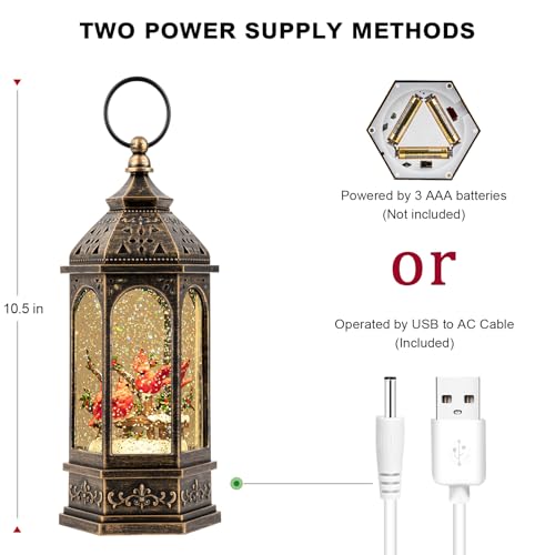 Christmas Snow Globe Lantern Water Glittering 10.5'' Cardinal with Music& Timer