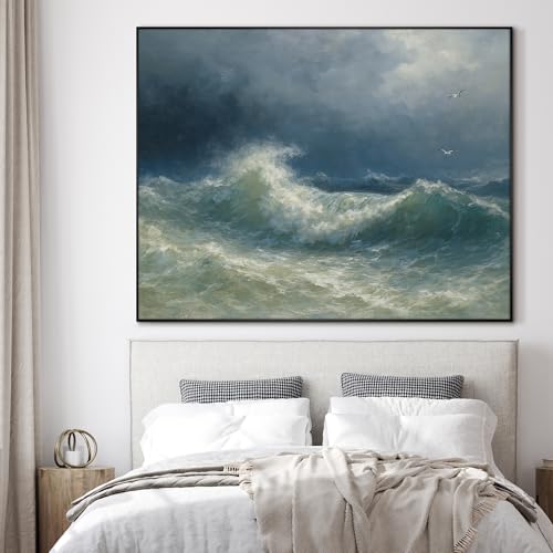 36"x46" Extra Large Framed Wall Art Dramatic Ocean Waves with Stormy Sky and Seagulls for Home Living Room Bedroom Decor