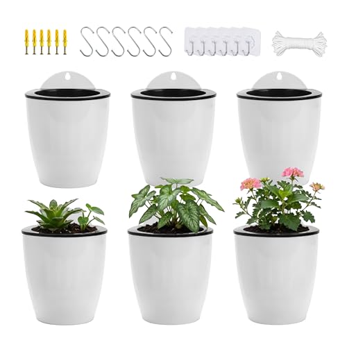 6 Pack Hanging Planter Wall Planter Self Watering 5 inch Plant Pot with Hardware Vertical Planter Outdoor Indoor Plants Herb Garden Home Décor Kitchen Balcony Railing Shelf Fence (6 Count)