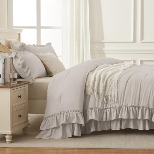 Linen Grey Ruffle California King Comforter Set