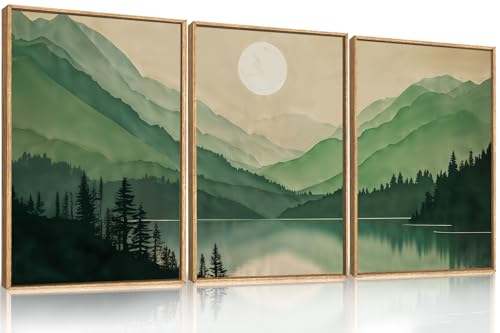 Green Boho Mountain Lake Framed Canvas Wall Art Set