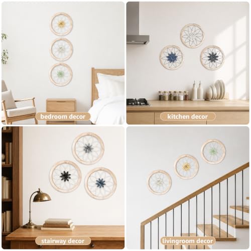3 Piece Round Farmhouse Wall Decor with 6 Piece Interchangeable Flowers 12'' Medallion Wood & Metal Rustic Wall Art for Living Room Bedroom Kitchen Bathroom Dining Room Home Decorations (3 Count)