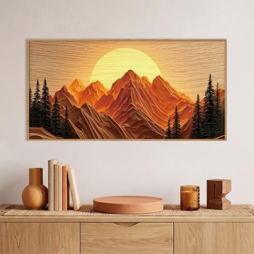 Large Boho Golden Mountain Framed Canvas Wall Art Set