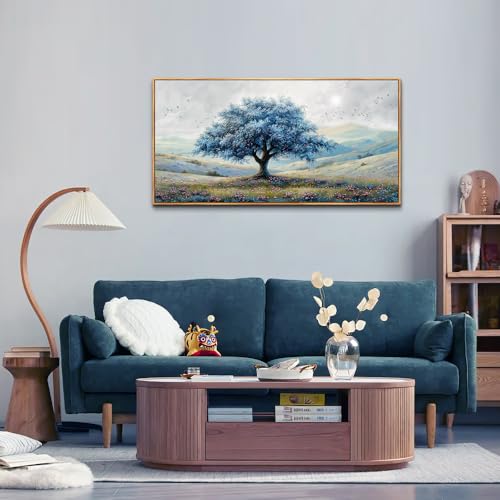 Large Wood Framed Wall Decor For Living Room Canvas Wall Art For Office Modern Wall Decorations For Bedroom Blue Tree Landscape Painting Farmhouse Pictures Artwork Home Decor 24x48 In