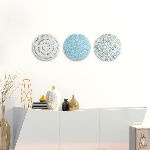 3 Pcs 11.8 Inches Spring Summer Blue Mother of Pearl Shell Plate Coastal Wall Art Mosaic Wall Sculpture Shell Handmade Hanging Plates Arts for Bedroom Bathroom Home Office Hotel (3 Count)