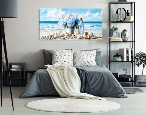 Romantic Beach Wall Art for Living Room Blue Shells Conch Vase Canvas Prints Modern Large Flower Bottle Bedroom Ocean Artwork Decor