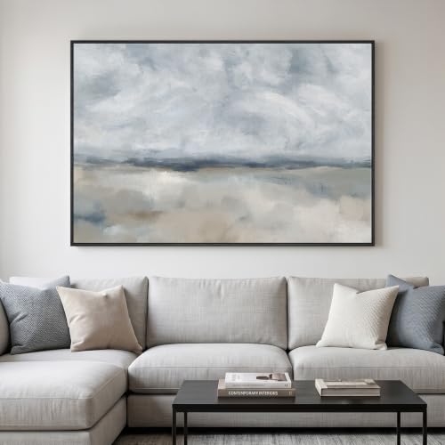 Extra Large Framed Neutral Blue Gray Abstract Wall Art