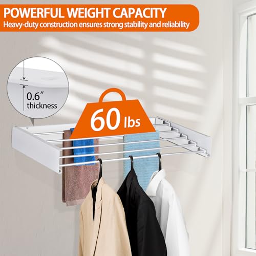 Laundry Drying Rack Wall Mounted Clothes Drying Rack Collapsible with 5 Aluminum Rods and Drilling Template Long Screwdriver Bit 60 lbs Capacity