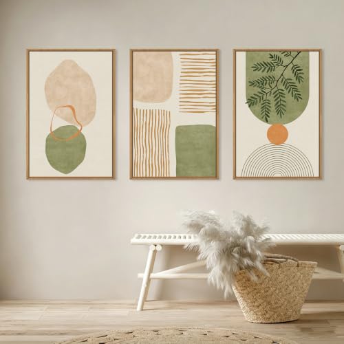 Boho Sage Green Geometric Framed Canvas Wall Art Set