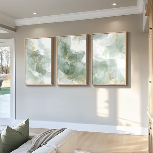 Large Framed Sage Green Abstract Wall Art for Living Room (3 Count)