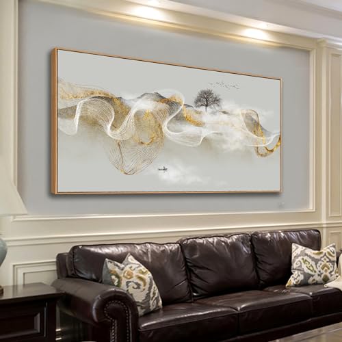 Wall Art Modern Zen Light Luxury Natural Landscape with Golden and White lines Background Wall Decor Canvas Prints for Living Room Bedroom 20x40 Inches