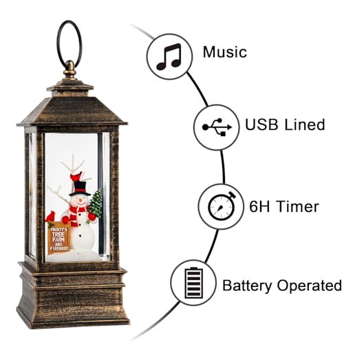 10'' Frosty's Tree Farm Snowman Musical Lighted Snow Globe Water Lantern with Swirling Glitter Decoration for Christmas Home