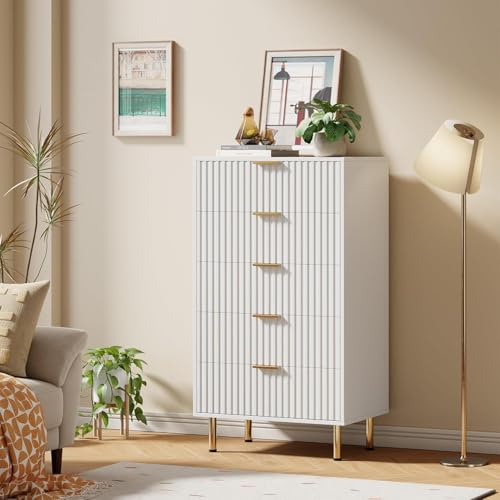 48" Fluted White 5 Drawer Dresser for Bedroom with Deep Drawers