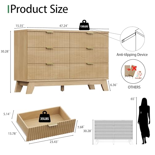 Fluted Dresser for Bedroom with 6 Drawers