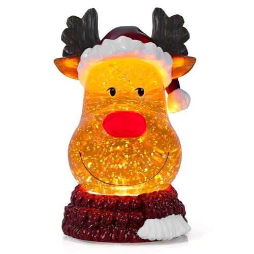 Christmas Snow Globe Reindeer Lighted Musical Glitter Globe Battery Operated or USB Powered with Timer Water Glittering Snowing Globe for Christmas Party Home Table Decorations Gifts
