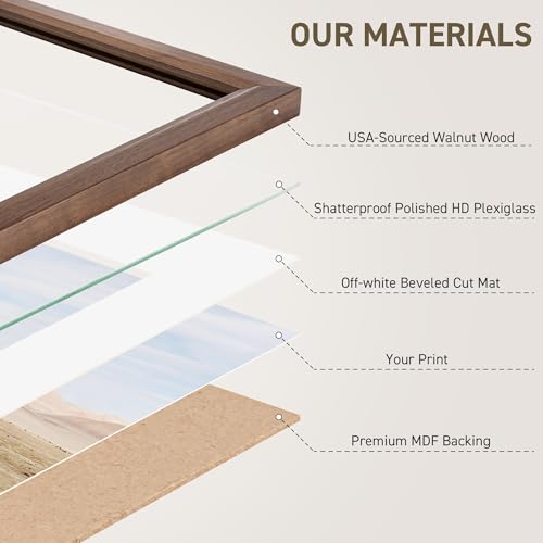 8x10 Picture Frame Set of 4 Natural Solid Walnut Photo Frames with 5x7 Removable Mat Wall Hanging Large Handcrafted Frame with HD Plexiglass Wall and Tabletop Display Large Poster Frame (4 Count)