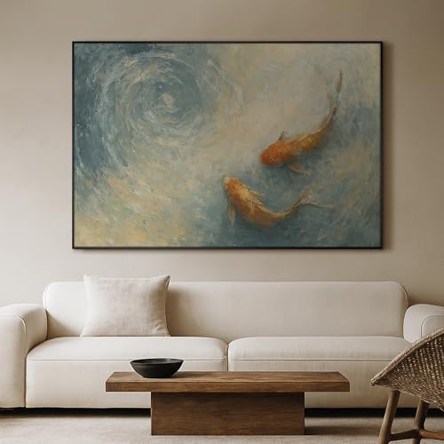 46"x72" Extra Large Framed Wall Art Koi Fish Swirl Tranquil Water Illustration for Home Living Room Bedroom Decor
