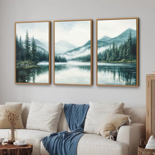 Large Mountain Lake Framed Canvas Wall Art Set