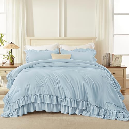 Light Blue Ruffle Oversized King Comforter Set