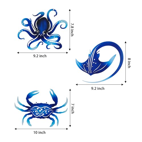 Metal Octopus Crab Manta Ray Coastal Nautical Ocean Decor Outdoor Metal Wall Art Decor Garden Pool Patio Bathroom Yard Farmhouse Fence Deck (3 Count)