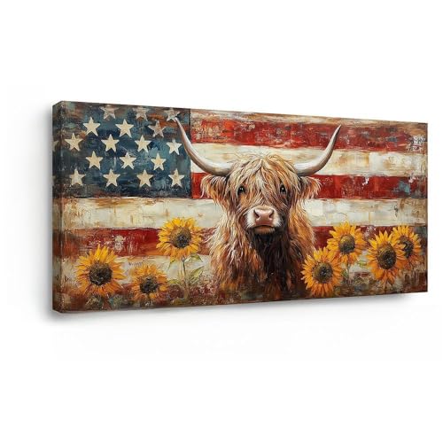 Country Highland Cow Wall Art for Living Room Rustic Retro Vintage American Flag Sunflower Canvas Painting Prints Highland Cattle Artwork Farmhouse Bedroom Office Decor