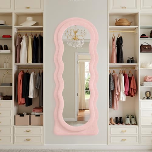 Full Length Mirror 63"x24" Irregular Wavy Full Body Wall Mounted Floor Mirror with Stand Pink Flannel Frame Leaning Hanging Wall for Bedroom Entrance Hallway