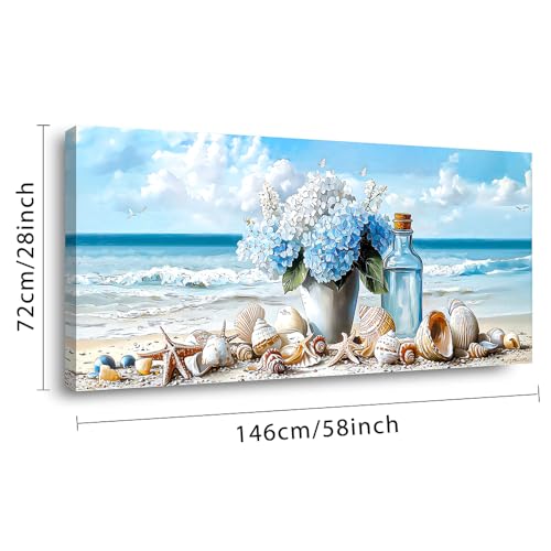 Romantic Beach Wall Art for Living Room Blue Shells Conch Vase Canvas Prints Modern Large Flower Bottle Bedroom Ocean Artwork Decor