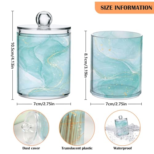 2 Pack Qtip Holder Dispenser Turquoise Marble Bathroom Storage Canister Lid 10 oz Acrylic Plastic Apothecary Jar Set Vanity Makeup Organizer for Cotton Swab (2 Count)