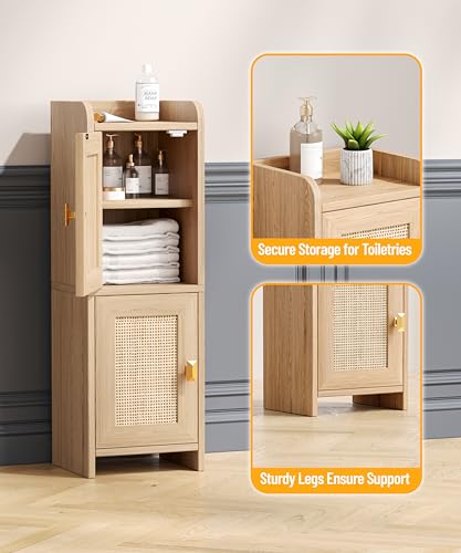 Rattan Small Bathroom Cabinet Narrow Toilet Paper Organizer Oak