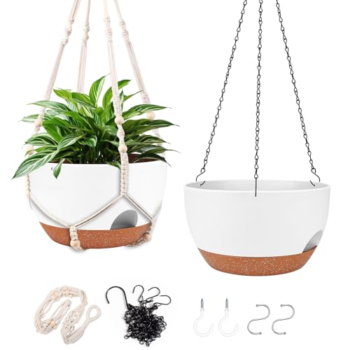 10 Inch Self Watering Hanging Planters with Metal Chain & Macrame Hangers (2 Count)