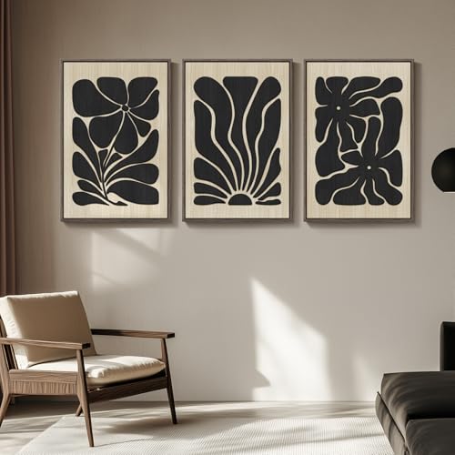 Large Framed Wood 3D Boho Black Floral Wall Art for Living Room (3 Count)