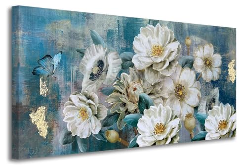 Flower Canvas Wall Art for Bedroom White Elegant Teal Picture