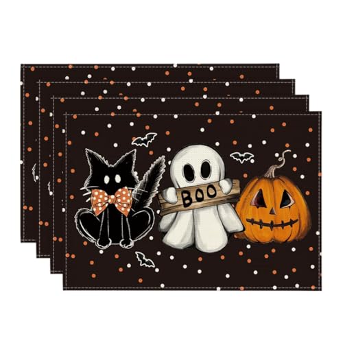 Black Cat Ghost Boo Halloween Placemats Set of 4 (4 Count)