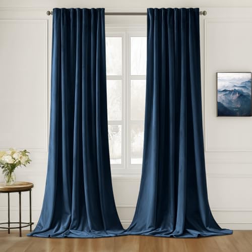 Navy Blue Velvet Pinch Pleat Blackout Curtains W52 X L84 Inches (2 Count)