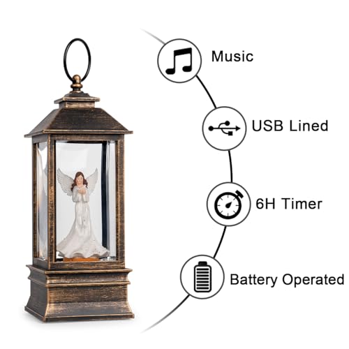 10'' Musical Snow Globe Lantern Lighted Angel with Dove Water Lantern Swirling Glittering Home Decoration and Gift