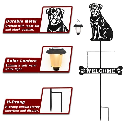 Solar Rottweiler Silhouette Dog Breed Welcome Sign with a Lantern