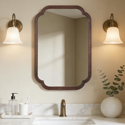 20" x 30" Rounded Corner Arch Wall Mirror with Wood Frame for Entryway