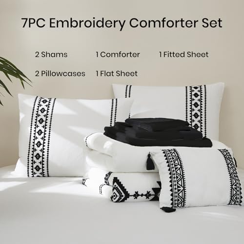 Embroidery Queen Comforter Set 7 Pieces White Western Bed in a Bag