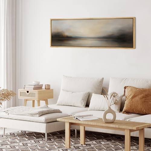 Large Framed Canvas Print Wall Art Abstract Landscape Neutral Tones Misty Horizon Illustrations Decorative Colorful for Bedroom