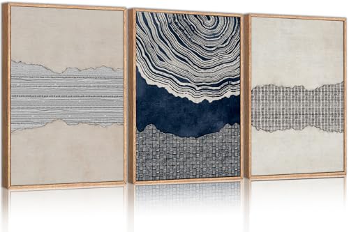 Large Abstract Navy Blue Beige Framed Canvas Wall Art (3 Count)