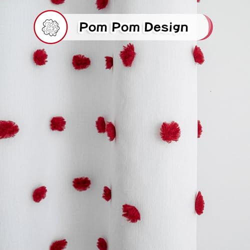 Blackout Curtains for Girls Bedroom 63 Inch Long Red Pom Pom Curtains for Kids Room 2 Panels 100% Room Darkening Window Treatment 2 Layered Drapes Toddler Grommet 50W x 63L