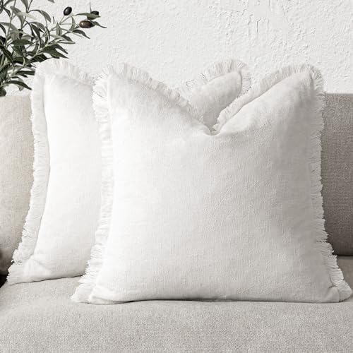 Decorative Linen Fringe Throw Pillow Covers 16×16 Inch (2 Count)