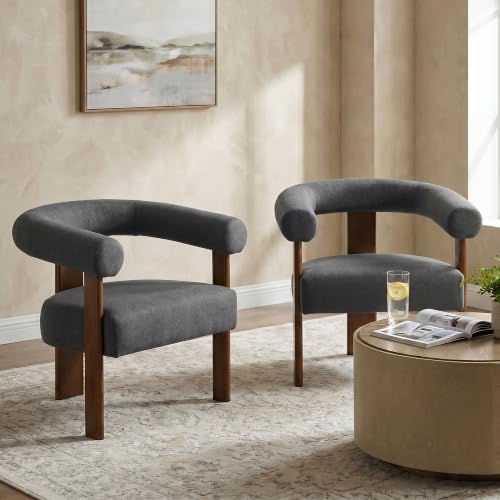 Barrel Accent Chairs Set of 2 with Armrests and Walnut Wood Legs (2 Count)