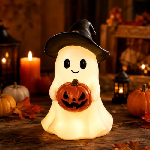 Halloween Ghost Figurine Cute Cartoon Ghost Holding Two Bats Spooky Tabletop Decoration White Desk Display Ornament for Home Office Mantel Shelf Party Fall Holiday Decor Supplies
