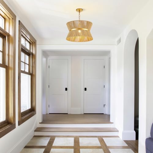 18” Hand Woven Rattan Boho Chandelier Brass Ajustable Pendant Light for Kitchen Island Living Room Bedroom Hallway