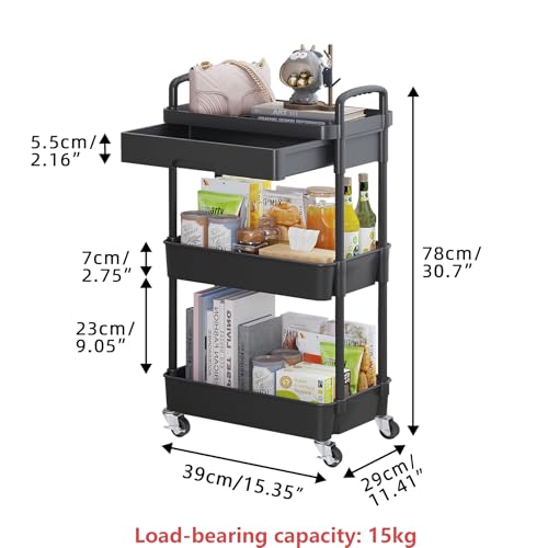 3 Tier Utility Cart with Drawer & Wheels